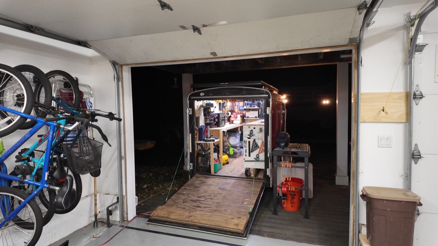 Trailer backed up to garage as workshop extension